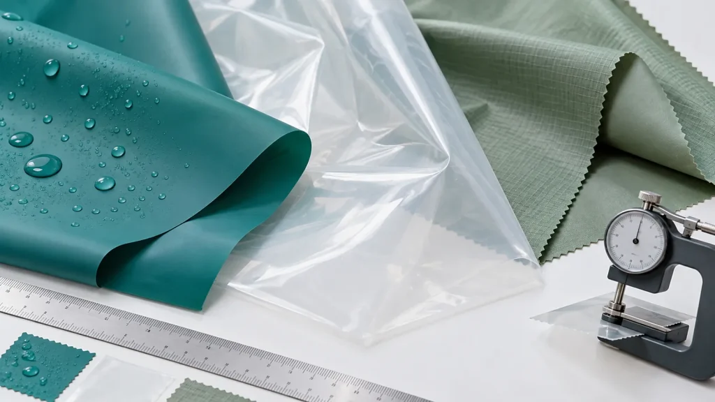 Rainwear film and fabric swatches beside a ruler and thickness gauge