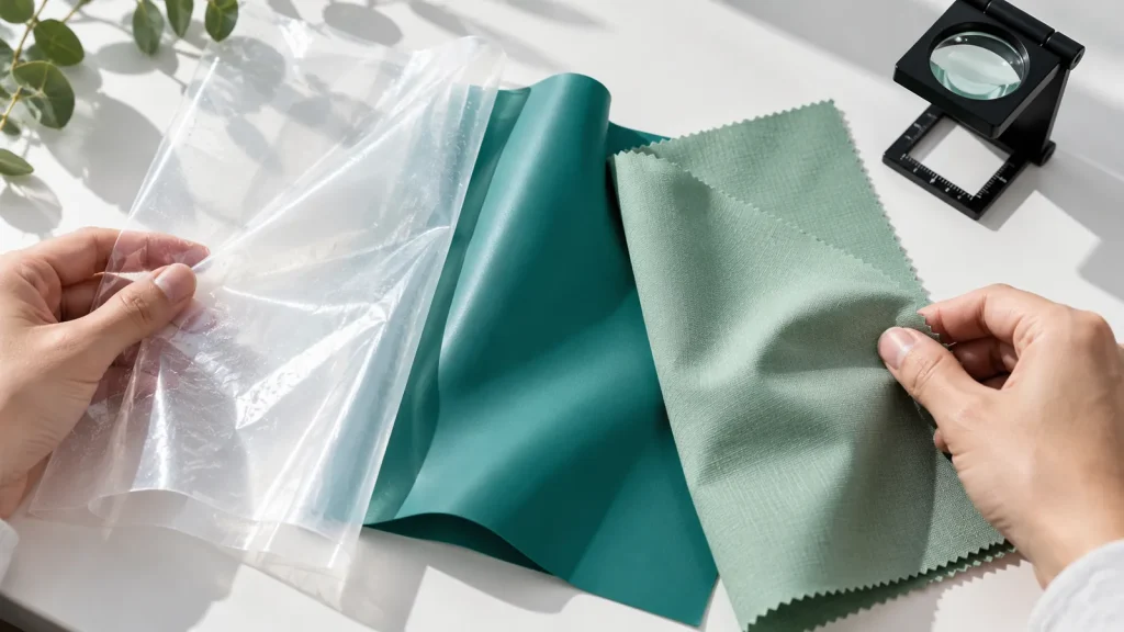 Translucent film, teal film and sage fabric swatches beside a magnifier