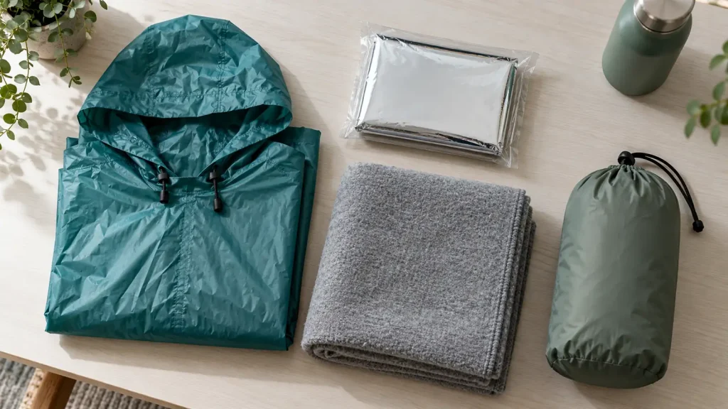 Folded poncho, textile blanket, sealed silver blanket packet and carry pouch