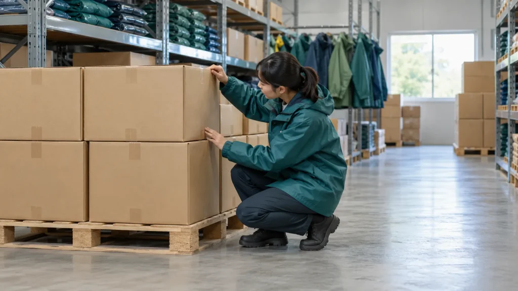 Worker checking cartons stored on a raised pallet