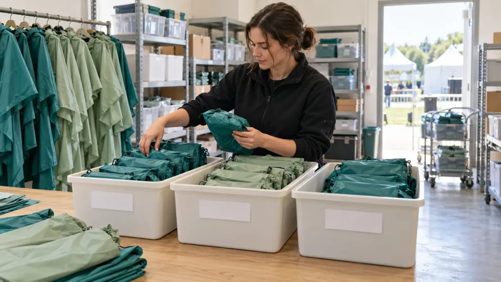 A colleague sorting teal and sage rainwear into three storage bins