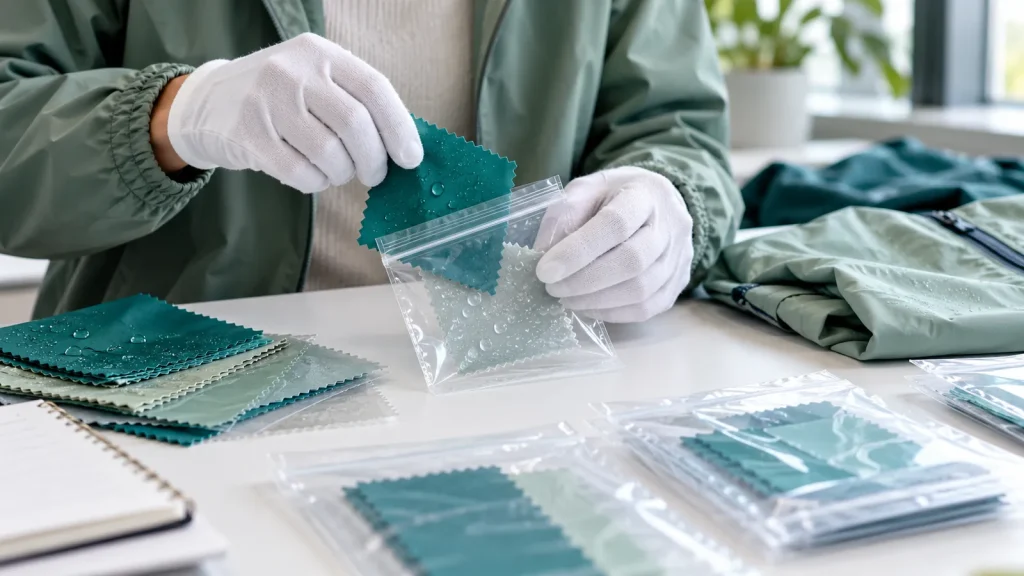Gloved hands place rainwear swatches into a clear sample bag