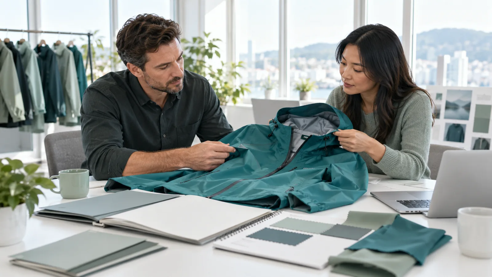 Two colleagues examine a teal rain jacket with material swatches on a meeting table