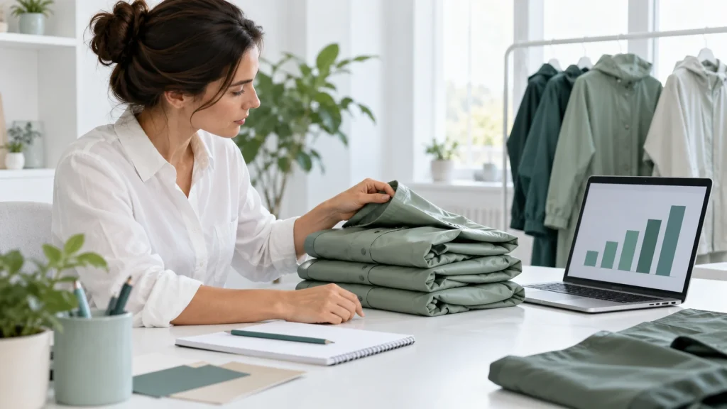 A planner reviewing folded sage raincoats beside a laptop with a bar chart