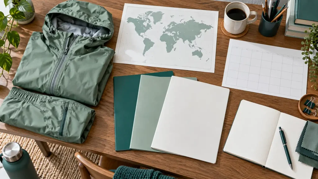 Folded sage rainwear, document folders, a map and a blank planning grid on a desk