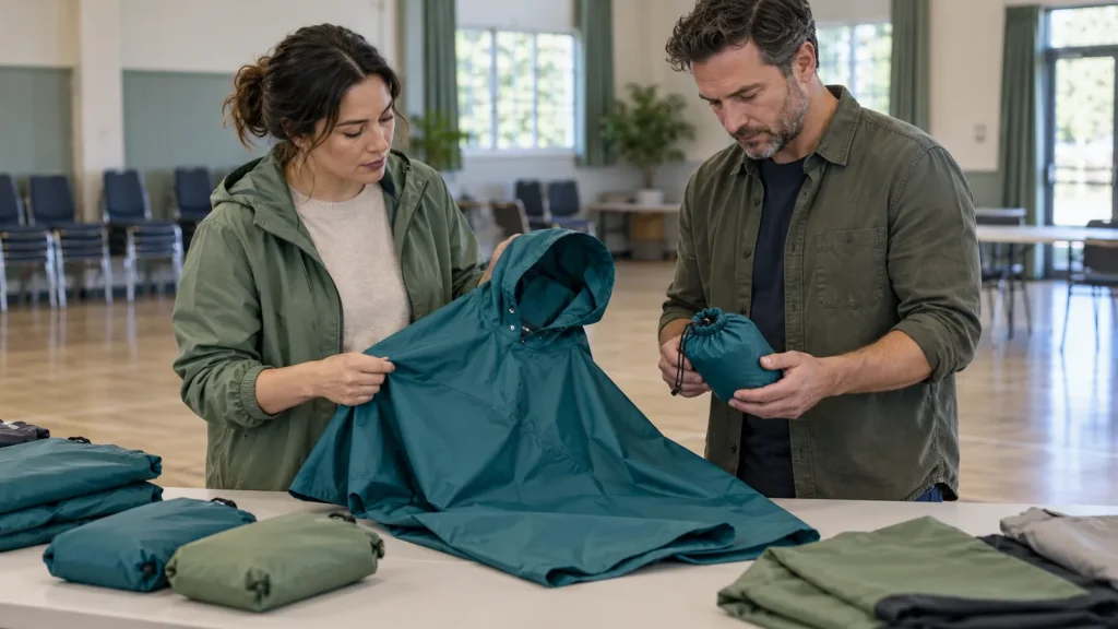 Coordinators reviewing a poncho pouch for handover in a community hall