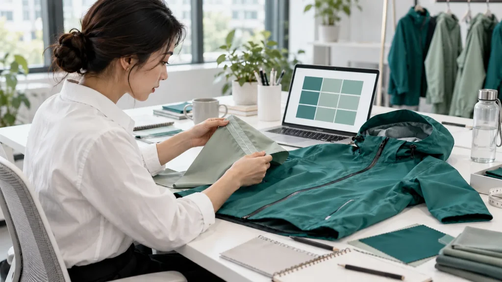 A buyer examines a seam sample beside a teal jacket and a laptop with a coloured matrix