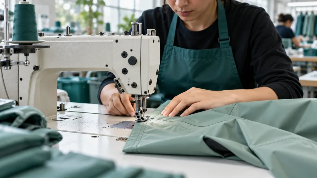 A technician guiding sage garment material through a sewing machine