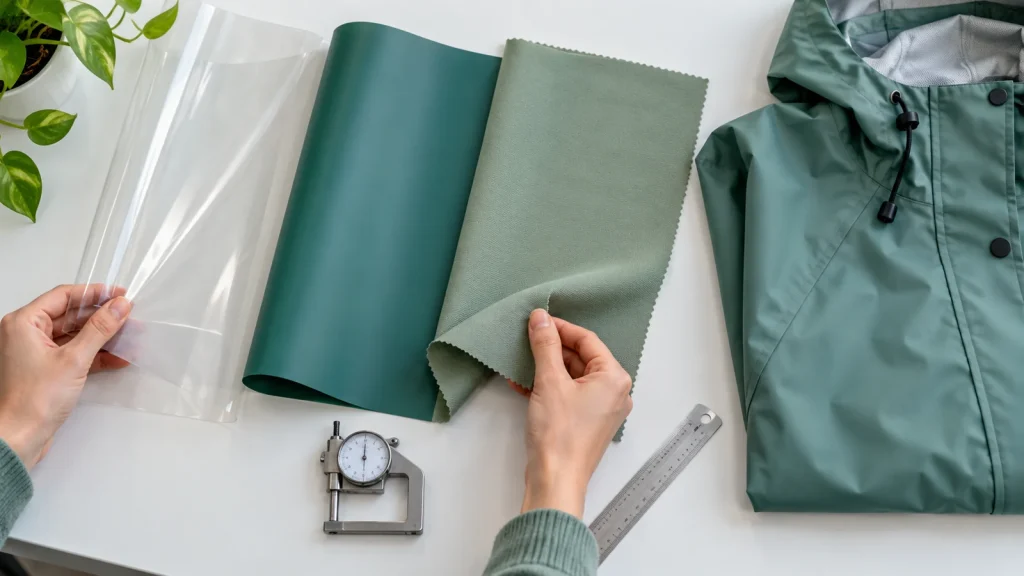 Rainwear film and coated textile swatches beside measuring tools