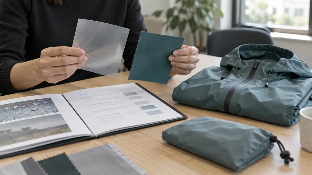 Buyer comparing rainwear material samples with a product documentation folder
