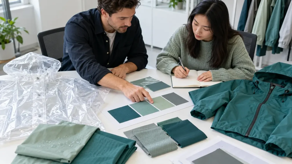 Two colleagues comparing raincoat material swatches and recording requirements