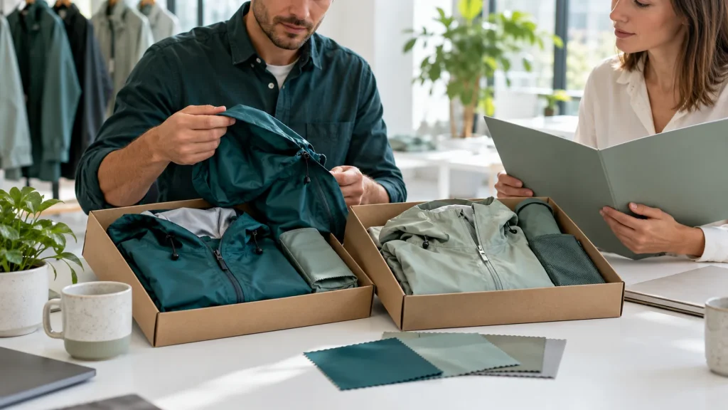 Two buyers comparing rainwear in sample cartons beside a quotation folder
