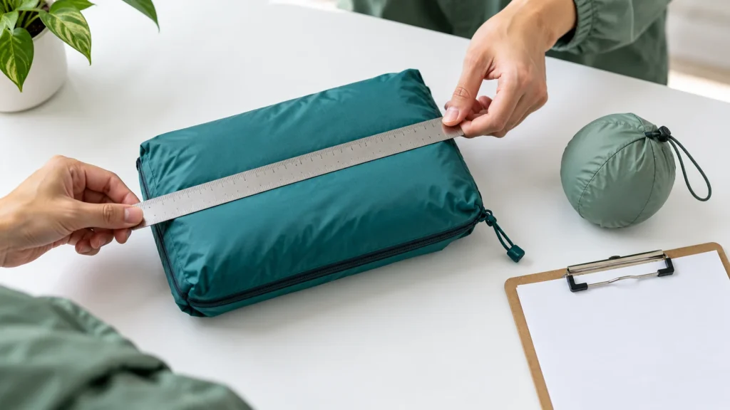 Hands measuring a filled teal pouch beside a rounded sage fabric pack