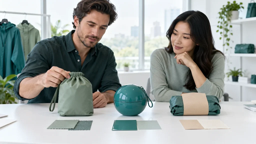 Two colleagues comparing fabric, rigid and paper rainwear packaging with material swatches