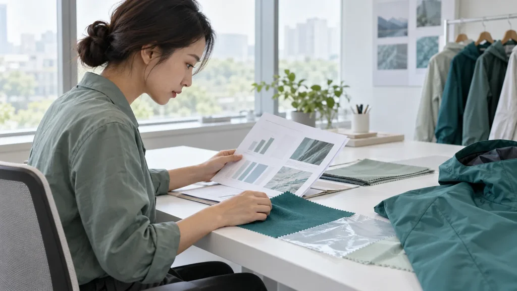 A buyer comparing rainwear samples with supporting paperwork