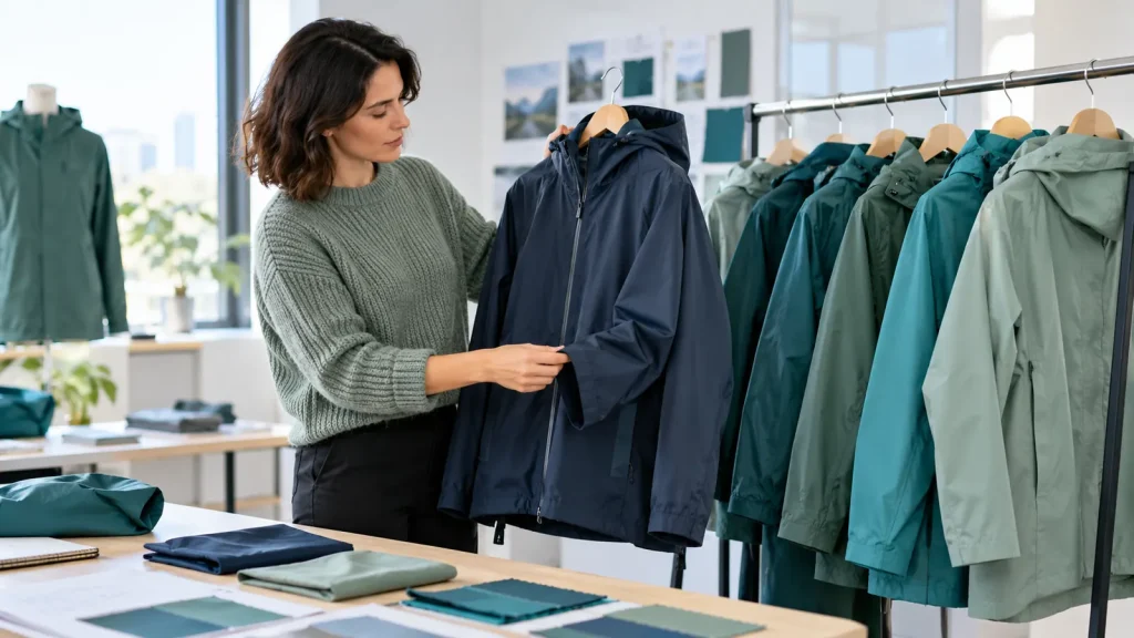 A buyer holds a navy rain jacket beside a rail of teal and sage outerwear