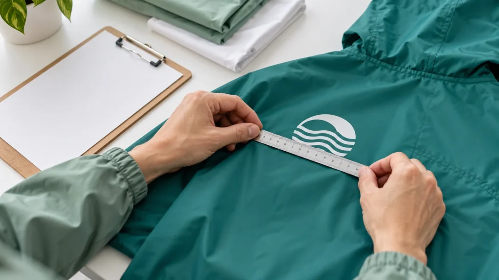 Hands measuring a white wave motif on a teal rainwear panel
