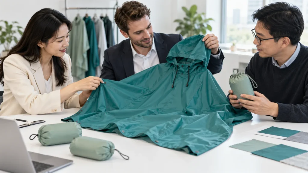 Three buyers reviewing a teal rain poncho and compact sage pouches