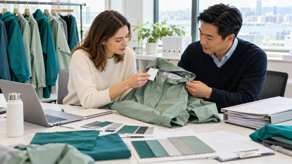 Two colleagues reviewing a sage raincoat label and product paperwork