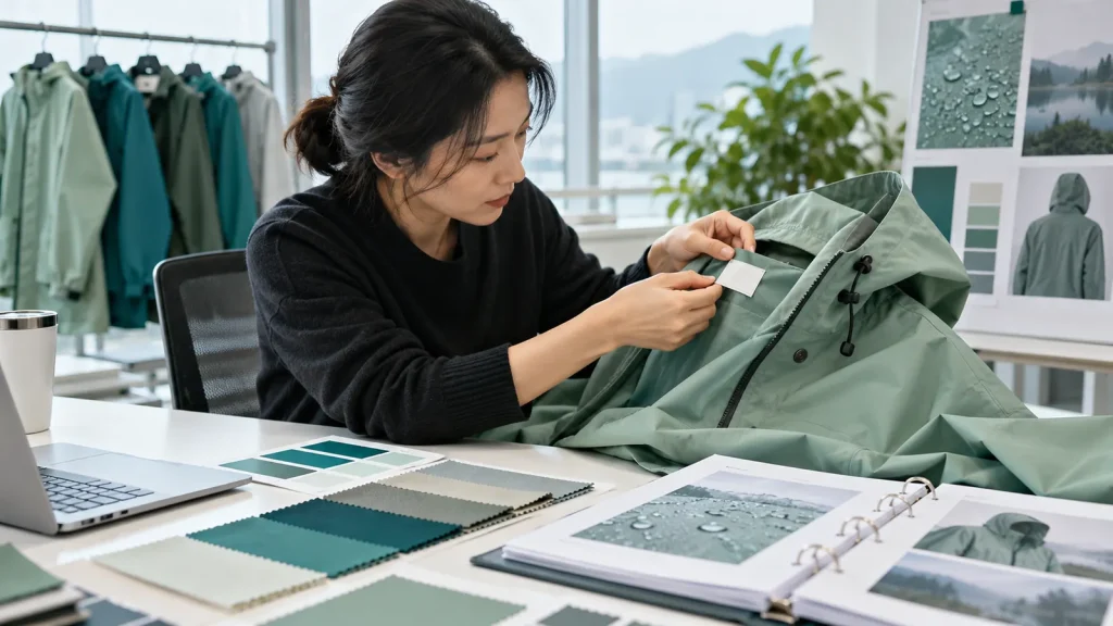 A product specialist reviewing a plain label on a sage raincoat