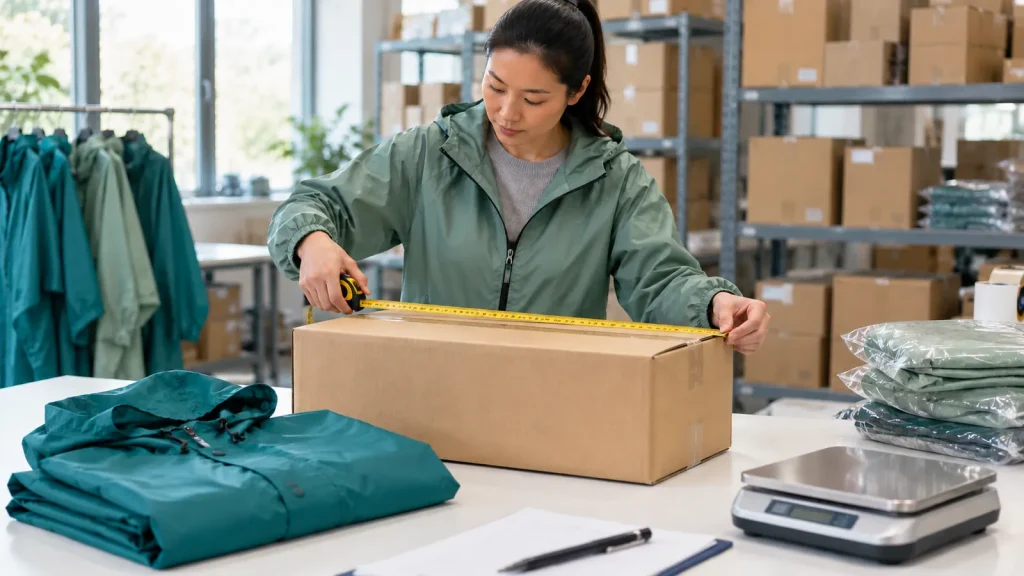 A worker measuring a closed carton beside folded rainwear and a scale