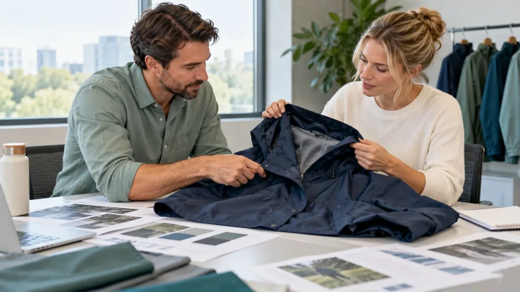 Two colleagues review a navy rain jacket with reference papers spread across a table