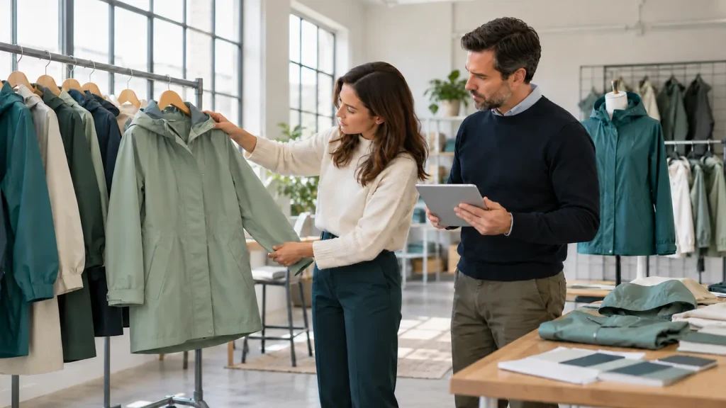 A buyer examining a sage raincoat beside a colleague holding a plain tablet