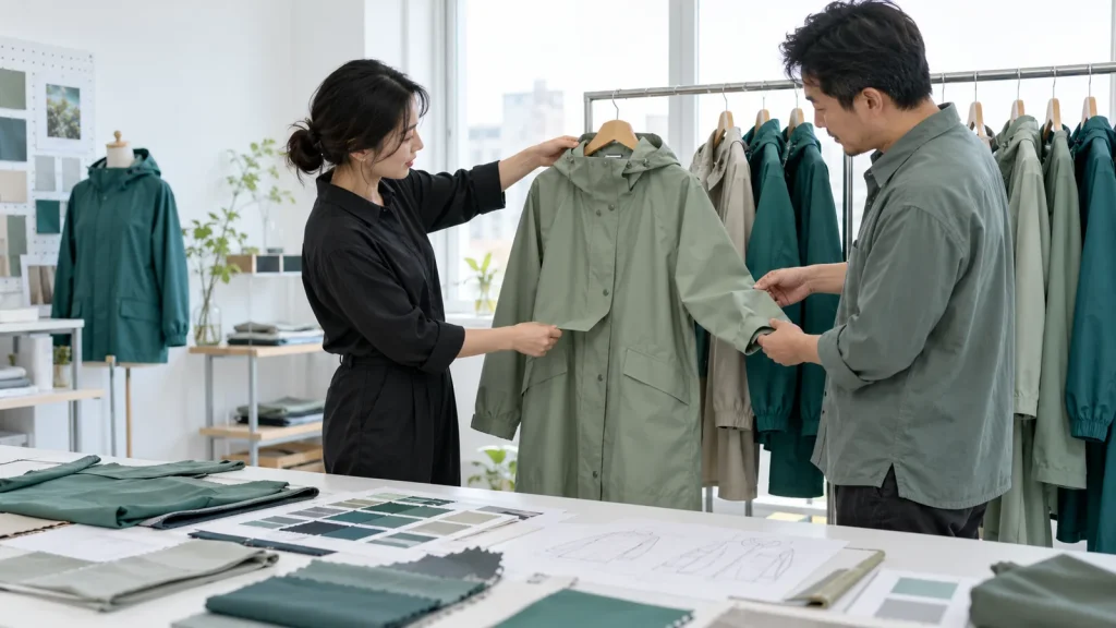 Two colleagues reviewing a sage raincoat on a hanger in a sample room