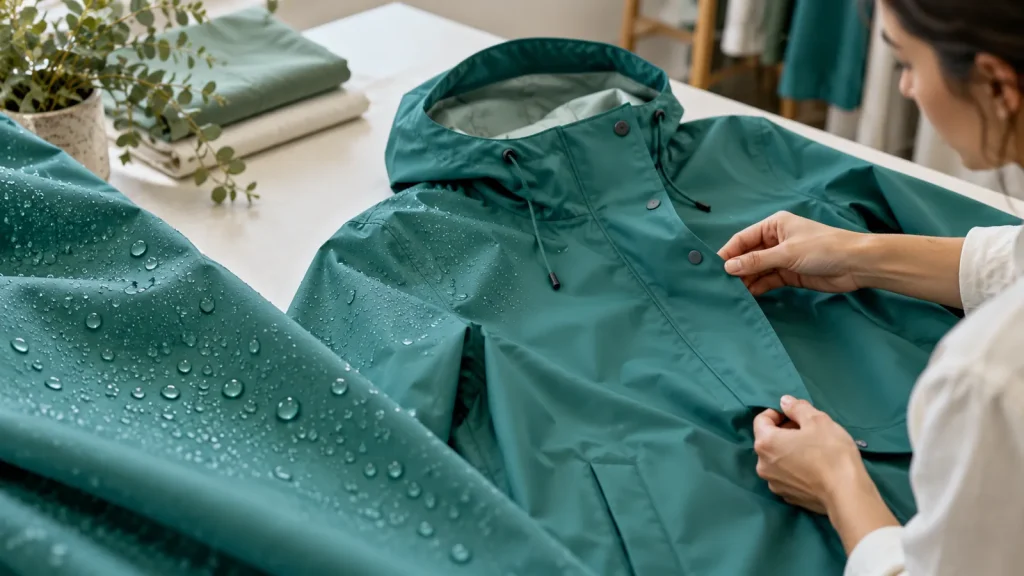 Water droplets on a teal fabric sample beside a finished raincoat