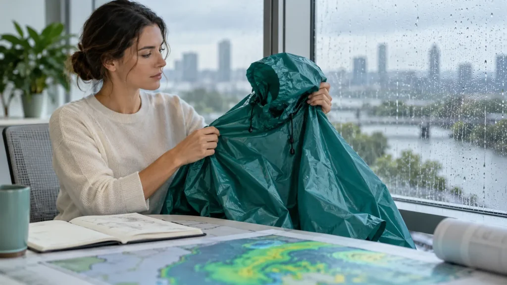 A woman examining a teal rain poncho beside a rain-streaked window