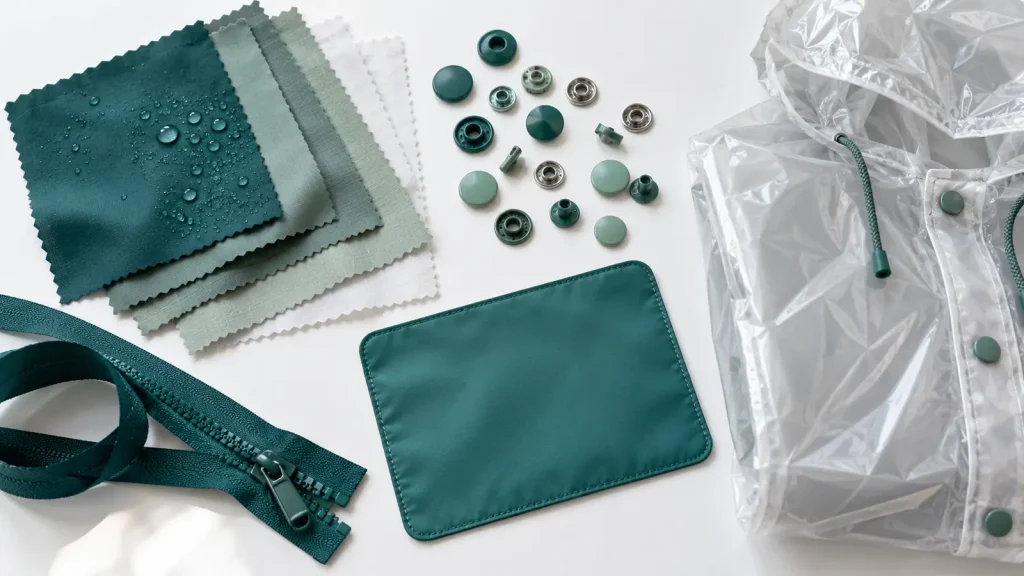Rainwear fabric swatches, snaps, zipper tape and a transparent poncho on a white table