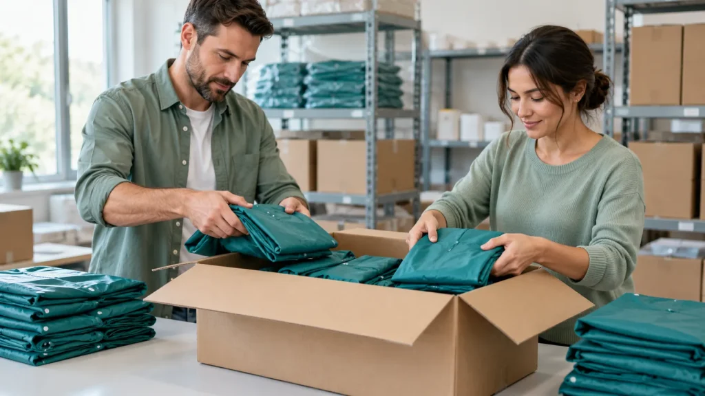 Logistics coordinators arranging folded ponchos in a plain carton