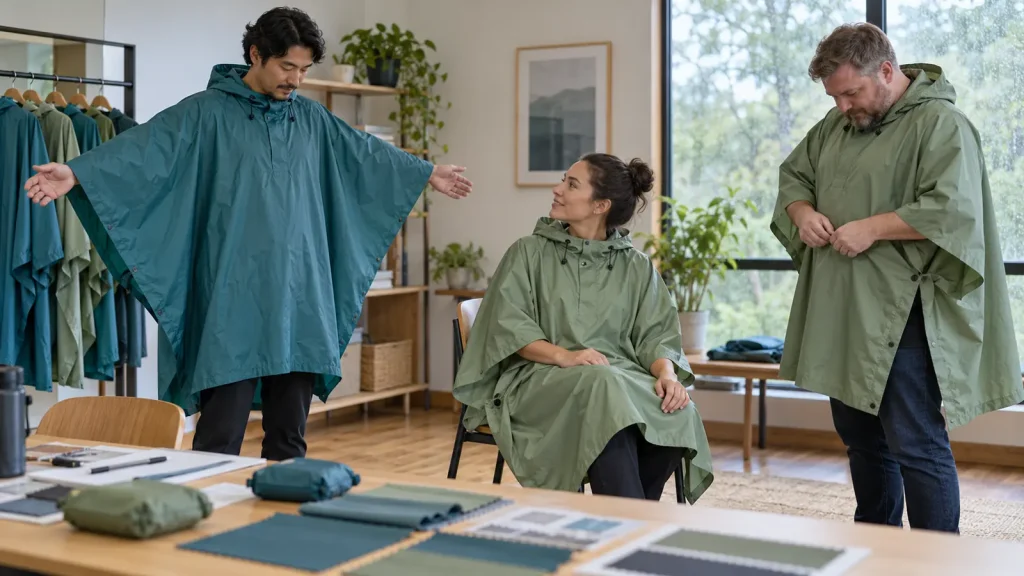 Adult reviewers checking rain poncho fit while standing and seated