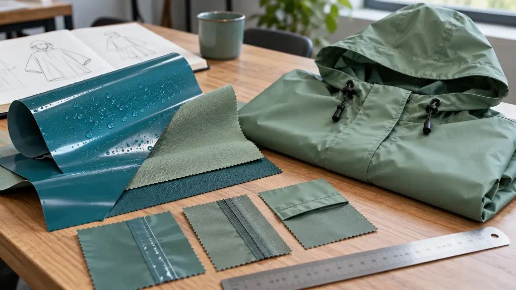 Rainwear material and seam samples arranged with a ruler