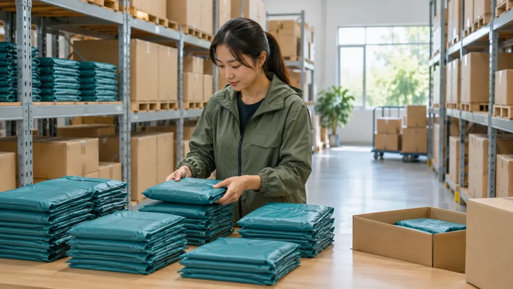 Logistics worker checking rainwear packets in a storeroom