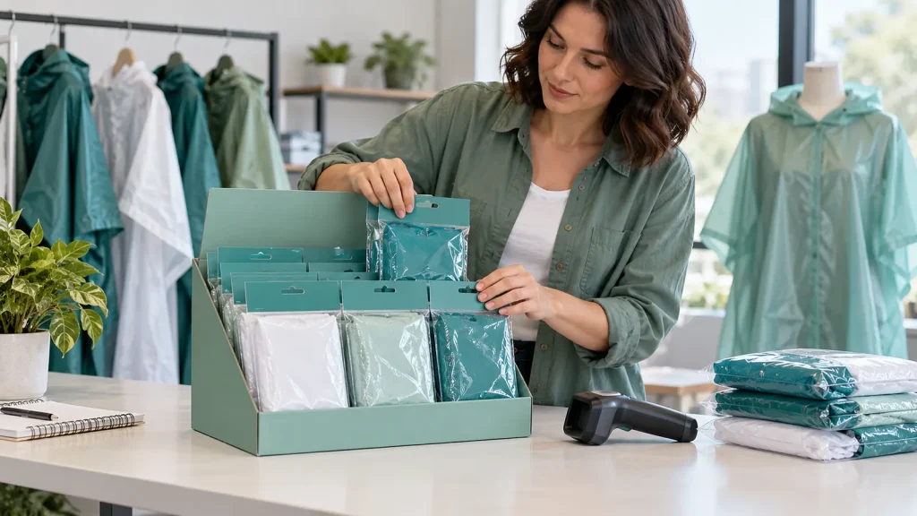 A planner arranging flat rainwear packs in a countertop display beside a scanner