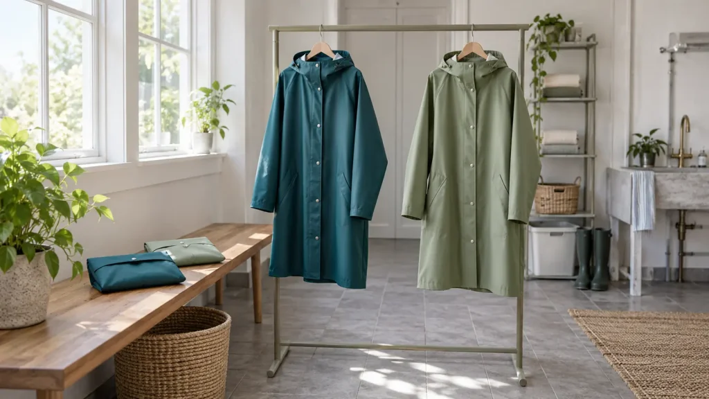 Teal and sage hooded raincoats hanging separately beside folded storage pouches