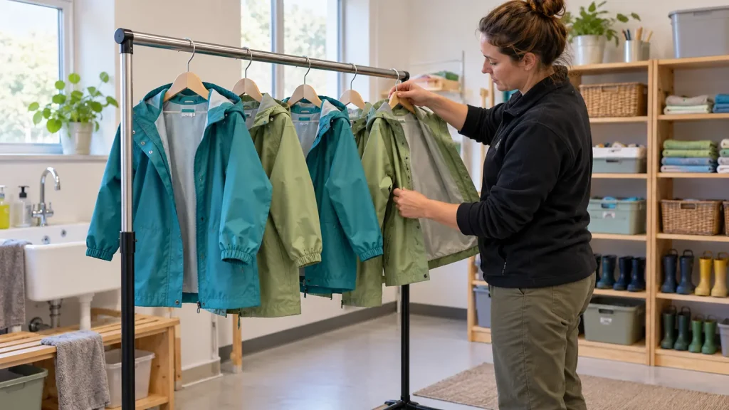 A staff member arranging small raincoats on an indoor drying rail
