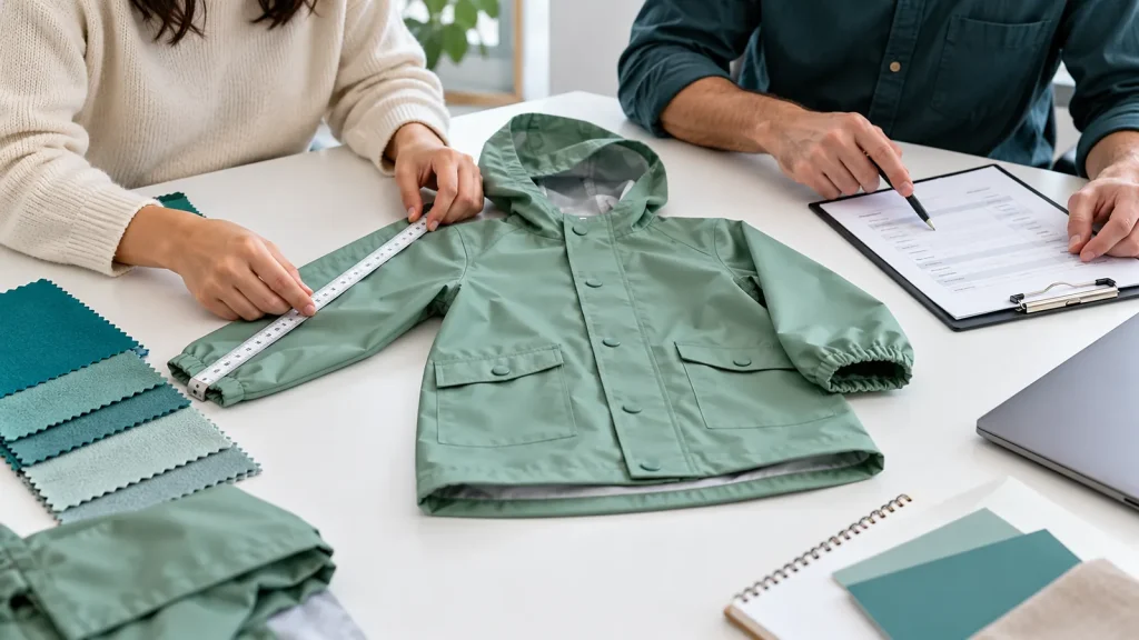 Two colleagues measuring a small raincoat beside a specification checklist
