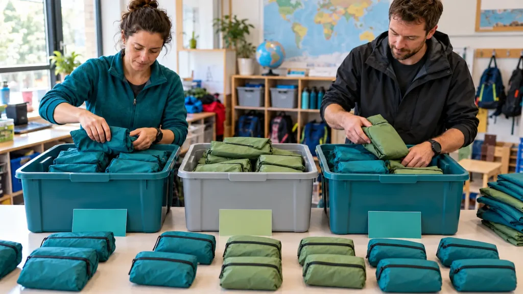 Two adults sorting teal and sage rainwear packs into class bins