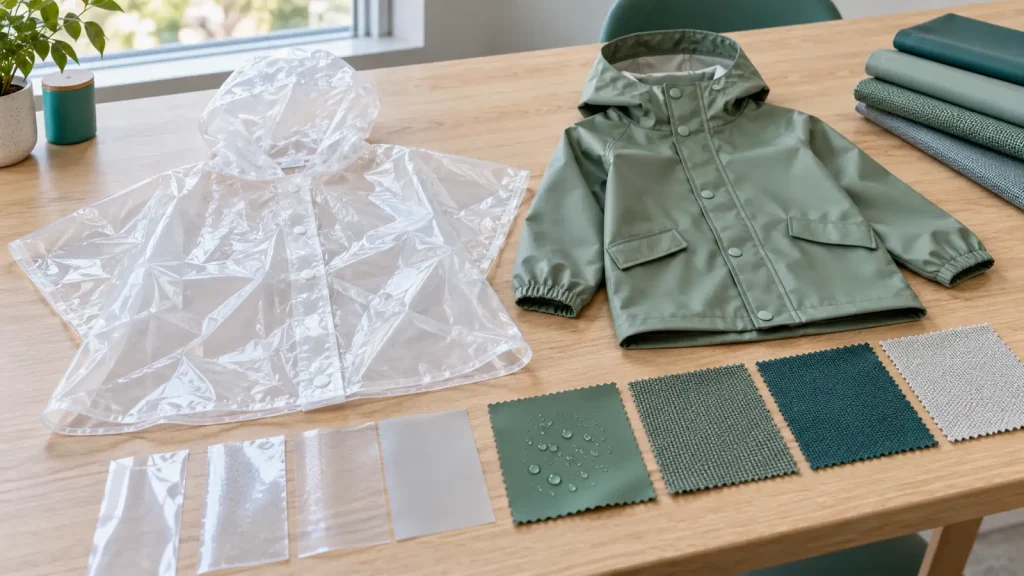 A clear film raincoat and a sage textile raincoat beside material swatches