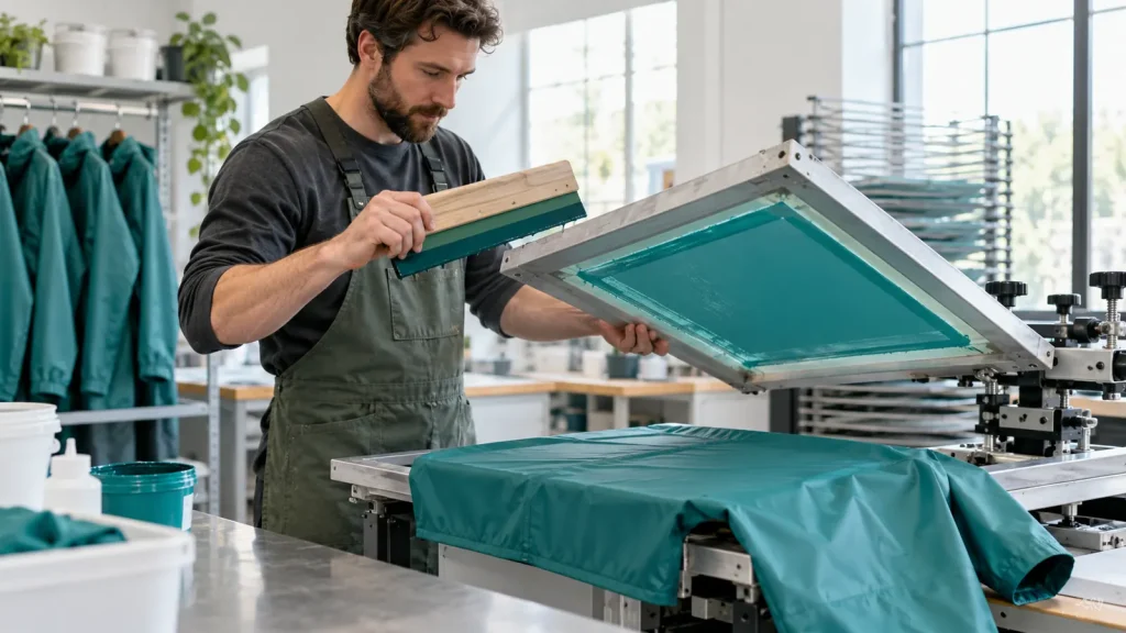 A print technician holding a squeegee beside a raised screen and teal garment panel