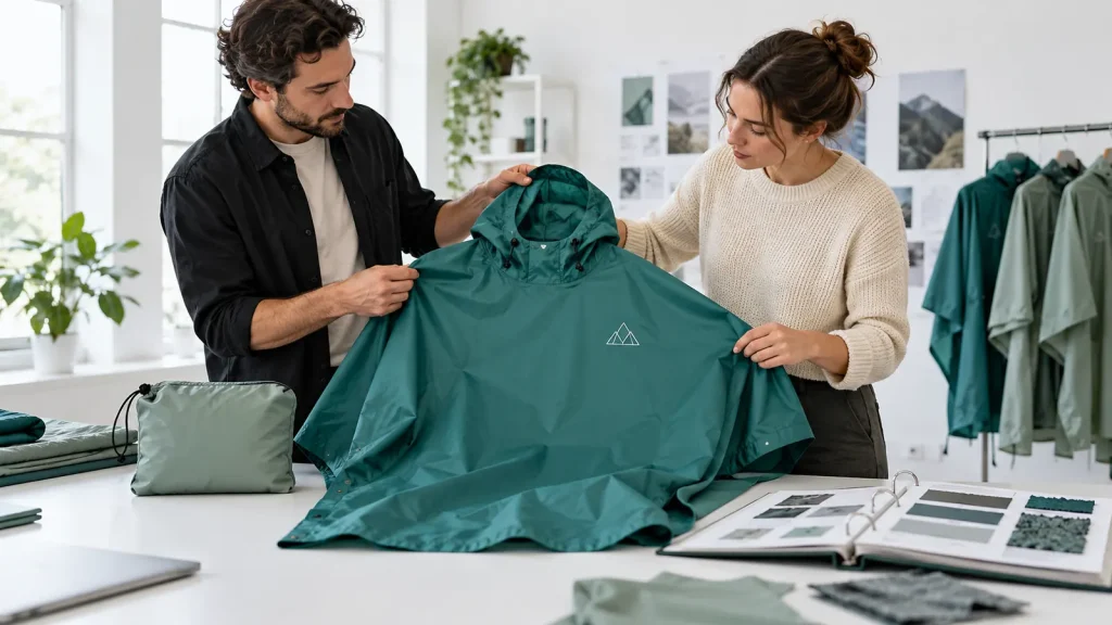 Two colleagues examining a teal poncho with a small white geometric emblem