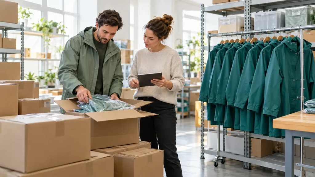 Two colleagues reviewing rainwear cartons beside a rack of teal coats