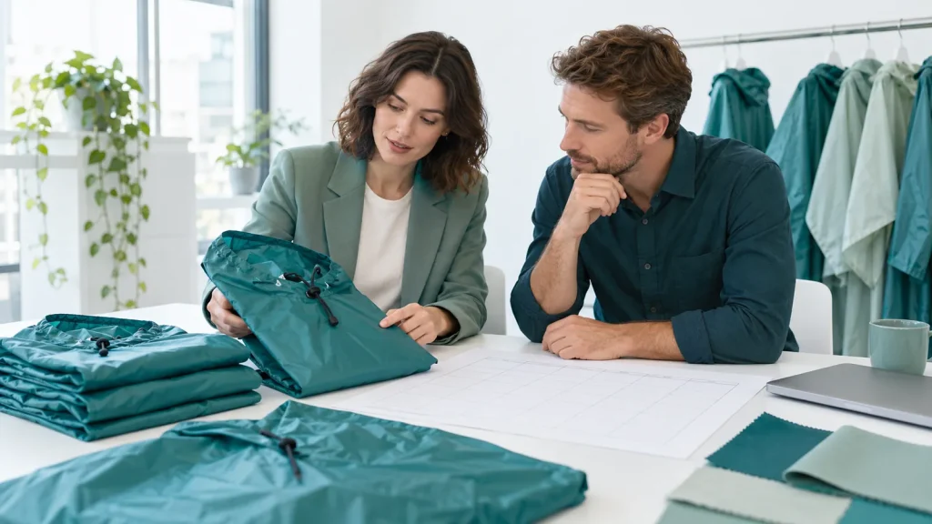 Two colleagues reviewing teal rainwear and a planning sheet at a white table