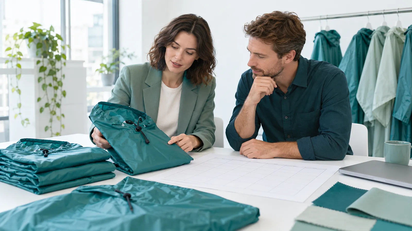 Two colleagues reviewing teal rainwear and a planning sheet at a white table