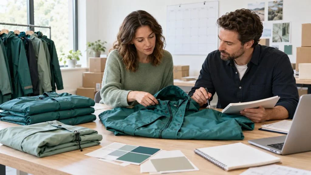 Two colleagues planning a rainwear order with garment samples and a notebook
