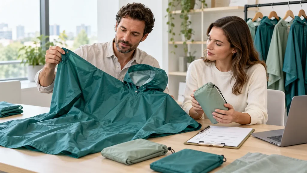 Two colleagues discussing a teal poncho and sage pouch beside a checklist
