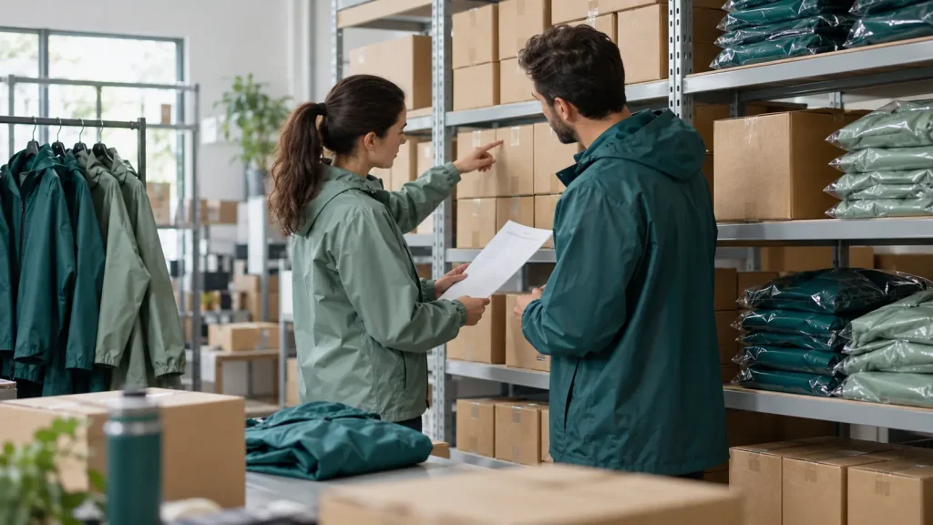 Warehouse colleagues reviewing rainwear cartons and a delivery checklist