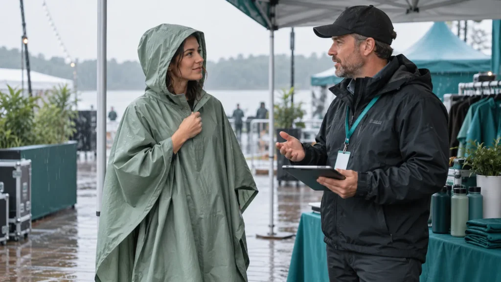 Buyer in a sage poncho discussing rainwear requirements with an event manager